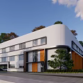 Modern Industrial Factory Exterior With Glass Curtain Walls Orange Structures and White Roof