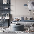 Kids Room Interior Design With Moon Decor Astronaut Toys Study Desk And Bookshelf