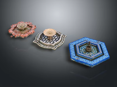 Colorful Garden Ornaments Featuring Octagonal Shapes Red Blue Black White Intricate Patterns 3d model