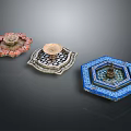 Colorful Garden Ornaments Featuring Octagonal Shapes Red Blue Black White Intricate Patterns