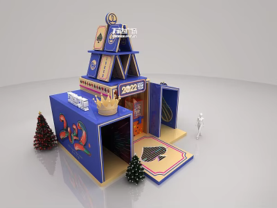 Blue China Pavilion Exhibition Booth With 2023 Sign Christmas Trees And Figure Model 3d model