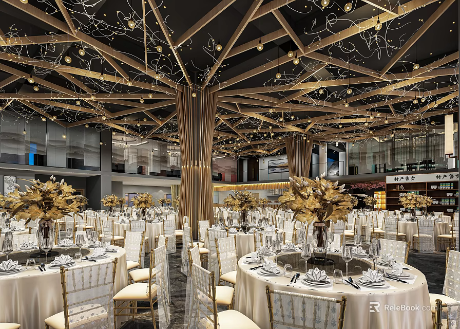 Luxurious Banquet Hall With Wooden Ceiling Gold Decor Round Tables White Tablecloths And Golden Chairs 3d model 
