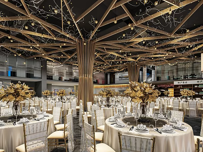 Luxurious Banquet Hall With Wooden Ceiling Gold Decor Round Tables White Tablecloths And Golden Chairs 3d model