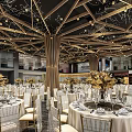 Luxurious Banquet Hall With Wooden Ceiling Gold Decor Round Tables White Tablecloths And Golden Chairs