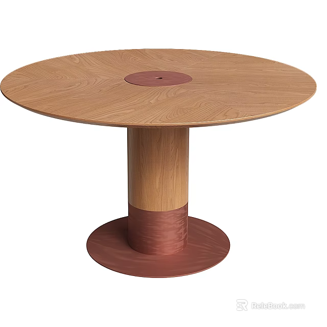 Round Wooden Dining Table With Central Dark Circle And Two Tone Cylindrical Base 3d model