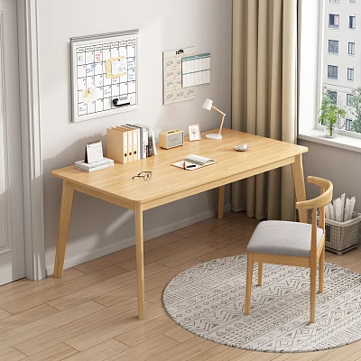 Cozy Home Office Wooden Desk Setup With Table Lamp Books Calendar Pinboard And Chair 3d model