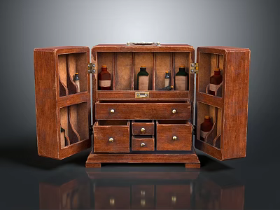 Vintage Wooden Cabinet With Open Doors Drawers And Glass Bottles Inside 3d model