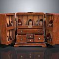 Vintage Wooden Cabinet With Open Doors Drawers And Glass Bottles Inside
