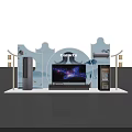 Modern Exhibition Booth Design With Cloud Shaped Backdrop Blue Flowers And Display Devices 3d model
