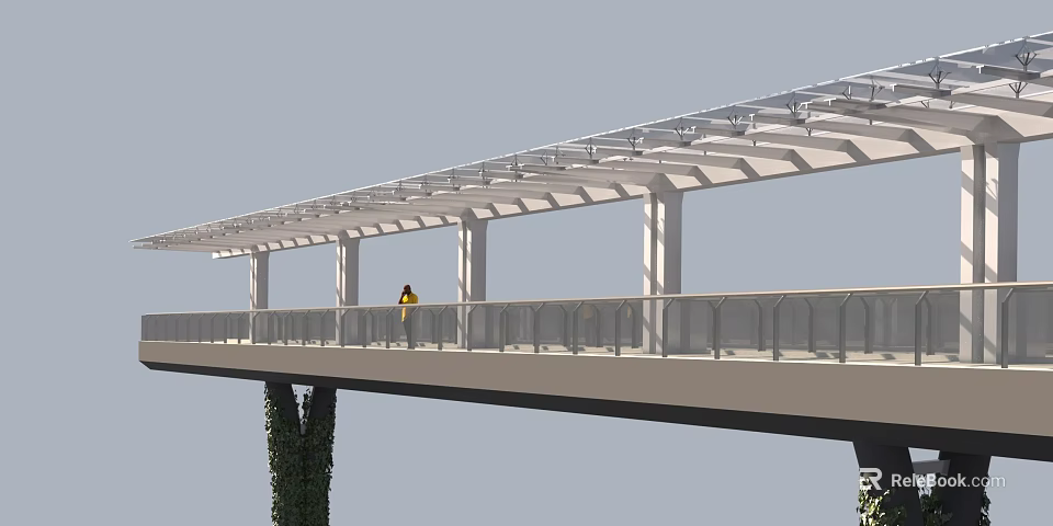 Modern Pergola Pedestrian Walkway With Metal Frame Transparent Roof Glass Railings And Climbing Vines 3d model 