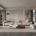 Modern Minimalist Living Room Interior With Beige Sofa Area Rug Floor Lamp And Shelves