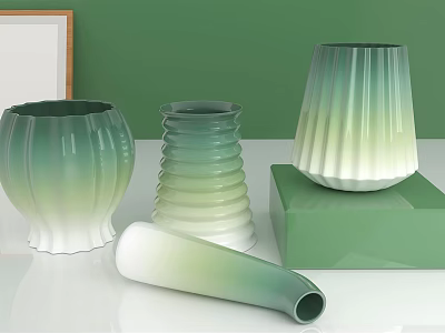 Decorative Ceramic Vases With Green To White Gradient And Unique Shapes On Green Cube 3d model