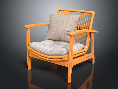 Natural Wooden Frame Outdoor Chair With Rattan Backrest And Light Gray Cushion 3d model