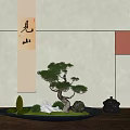 Traditional Bonsai Pine Tree with Moss Stones and Scroll in Tray 3d model