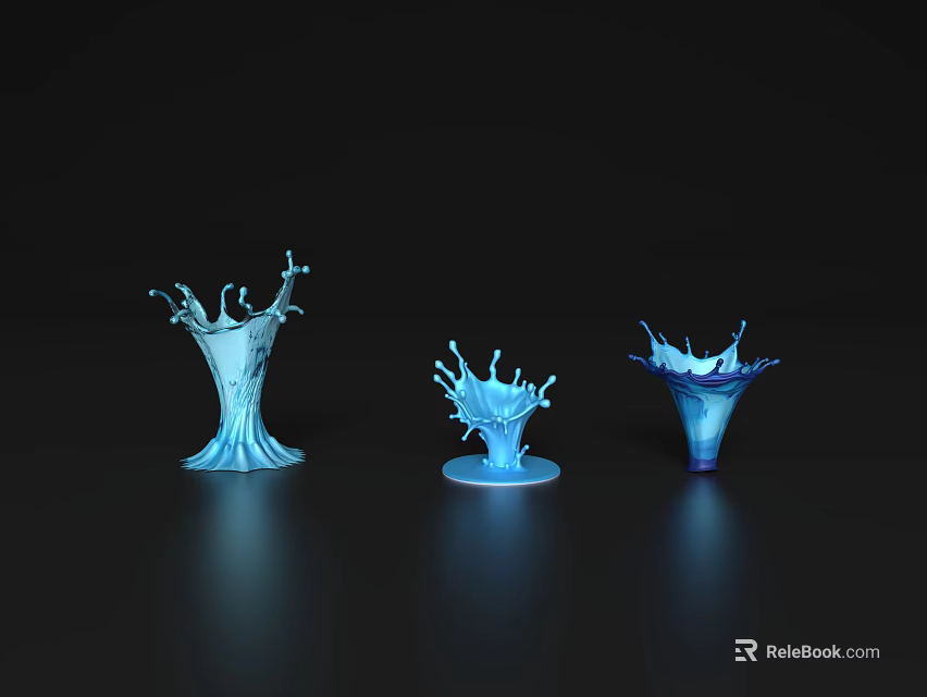 Three Blue Splash Shaped Decorative Ornament Set with Shiny Glossy Surface on Black Background 3d model 