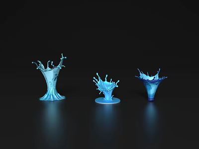 Three Blue Splash Shaped Decorative Ornament Set with Shiny Glossy Surface on Black Background 3d model
