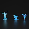 Three Blue Splash Shaped Decorative Ornament Set with Shiny Glossy Surface on Black Background