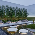 Serene Garden Landscape With Circular Grass Pathway Pond Bamboo And Rock Formations