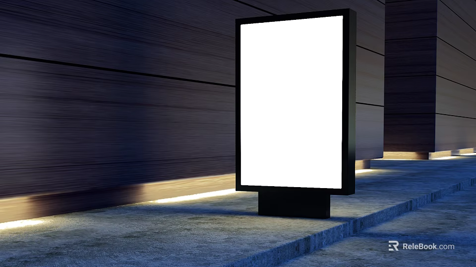 Public Facility Outdoor Billboard With Blank Screen Wooden Wall Background Steps And Lighting 3d model 