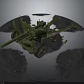 Green Military Artillery Gun With Wheels And Scattered Ammunition Shells Placed On Rough Ground Terrain