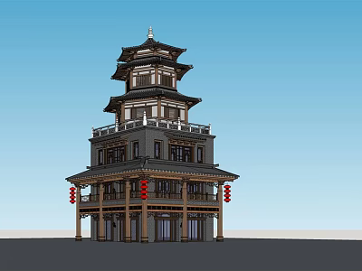Chinese Style Commercial Complex With Pagoda Tower And Overhanging Eaves Wooden Structure Red Lanterns 3d model