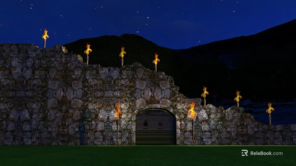 Ancient Stone Wall With Burning Torches And Archway Under Starry Night Sky And Mountains 3d model 