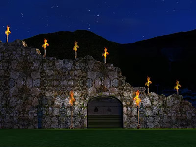 Ancient Stone Wall With Burning Torches And Archway Under Starry Night Sky And Mountains 3d model