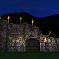 Ancient Stone Wall With Burning Torches And Archway Under Starry Night Sky And Mountains
