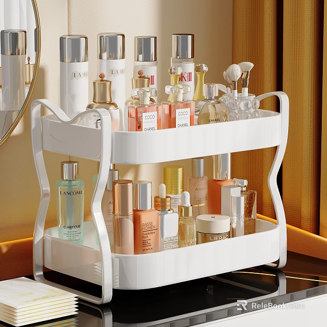 Two Tier White Vanity Organizer With Perfume Bottles And Skincare Products 3d model 