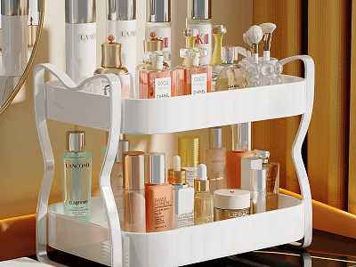 Two Tier White Vanity Organizer With Perfume Bottles And Skincare Products 3d model