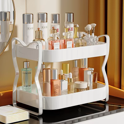 Two Tier White Vanity Organizer With Perfume Bottles And Skincare Products 3d model
