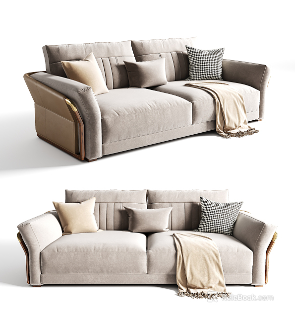Light Gray Two Seater Sofa With Plaid Pillow Beige Blanket And Brown Armrest Details 3d model 