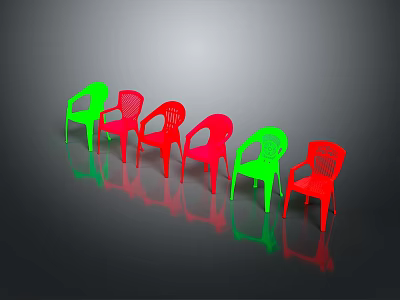 Bright Red And Green Plastic Single Chairs With Backrest And Armrests Arranged In A Row 3d model