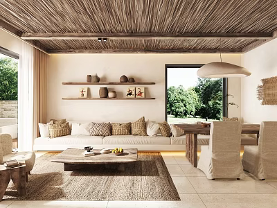 Rustic Living Room With Thatch Ceiling Sofa Cushions Wooden Shelves Clay Pots And Greenery View 3d model