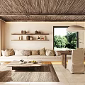 Rustic Living Room With Thatch Ceiling Sofa Cushions Wooden Shelves Clay Pots And Greenery View