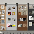 Contemporary Barn Door Display Wall With Wall Art Magazines And Decorative Shelves