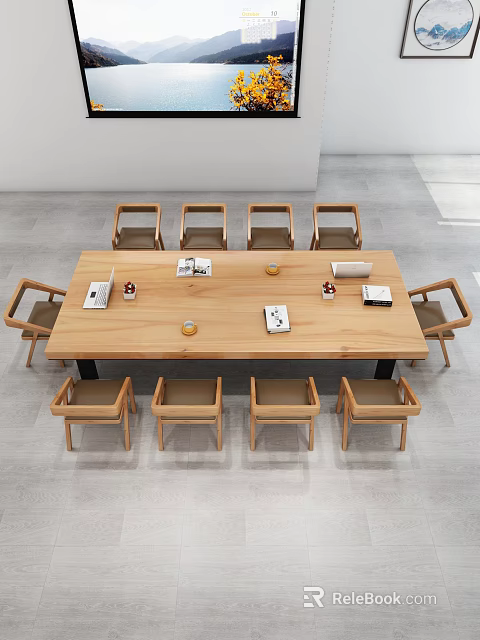 Modern Wooden Dining Table Set With 8 Chairs And Books Cups On Top 3d model 