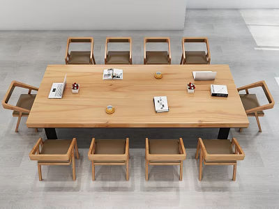 Modern Wooden Dining Table Set With 8 Chairs And Books Cups On Top 3d model