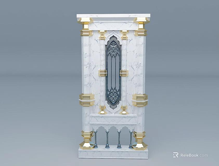Ornate Classical Building Exterior Wall With White Marble Gold Accents And Decorative Glass Panel 3d model 