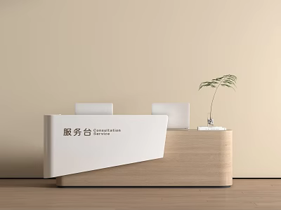 Modern Minimalist Reception Desk Design With Wooden Base White Top And Green Plant 3d model