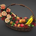Stylish Wicker Basket With Fresh Bananas Apples Pears And Orange Roses