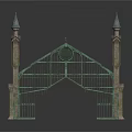 Historic Arched Gateway Building With Two Spired Towers Iron Grilles And Clock