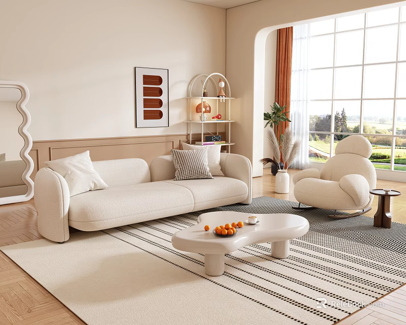 Living Room With Beige Sofa Curved Armchair White Coffee Table Striped Rug And Orange Curtains 3d model 