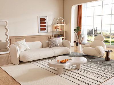 Living Room With Beige Sofa Curved Armchair White Coffee Table Striped Rug And Orange Curtains 3d model