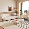 Living Room With Beige Sofa Curved Armchair White Coffee Table Striped Rug And Orange Curtains