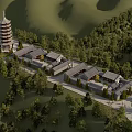 Ancient Architecture Complex Featuring Traditional Pagoda And Historic Buildings In Lush Mountainous Greenery