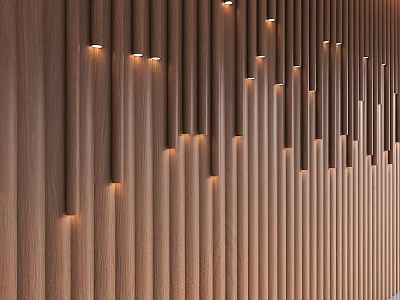 Vertical Wooden Slat Background Wall With Soft Warm Lighting For Modern Interiors 3d model