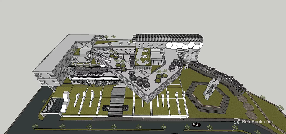 Modern 3D Architectural Complex Design With Courtyard Parking Area And Greenery 3d model