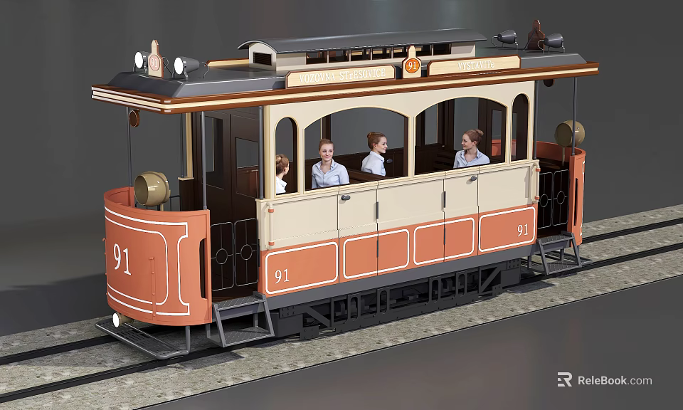 Vintage Tram Carrying Passengers On Orange Beige Body Over Tracks 3d model 