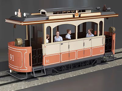 Vintage Tram Carrying Passengers On Orange Beige Body Over Tracks 3d model